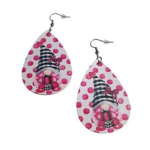 Gnome Polka Dot Drop Earrings Pink Teardrop Lightweight Valentine Party Gift